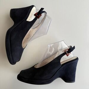 Prada VTG NIB Spring 1997 Black Suede Slingback Peep Toe Wedge Shoes EU 39.5 8.5